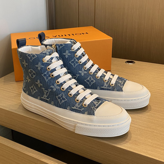 Louis Vuitton Womens Shoes Sneakers Luxury Brand STELLAR SNEAKER BOOT Monogram denim Bleu Jeans Blue with Original Box 1A4VT7