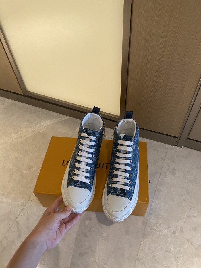 Louis Vuitton Womens Shoes Sneakers Luxury Brand STELLAR SNEAKER BOOT Monogram denim Bleu Jeans Blue with Original Box 1A4VT7