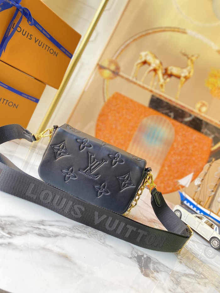 Louis Vuitton Womens Bags Messenger Shoulder Bags Luxury Brand BUBBLEGRAM WALLET ON STRAP Black Monogram-embroidered, quilted calf leather with Original Box M81398