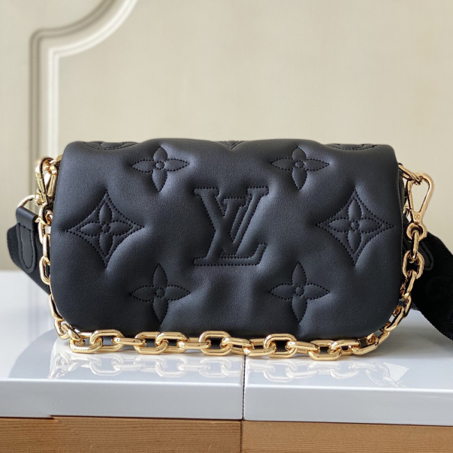 Louis Vuitton Womens Bags Messenger Shoulder Bags Luxury Brand BUBBLEGRAM WALLET ON STRAP Black Monogram-embroidered, quilted calf leather with Original Box M81398