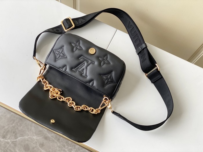 Louis Vuitton Womens Bags Messenger Shoulder Bags Luxury Brand BUBBLEGRAM WALLET ON STRAP Black Monogram-embroidered, quilted calf leather with Original Box M81398