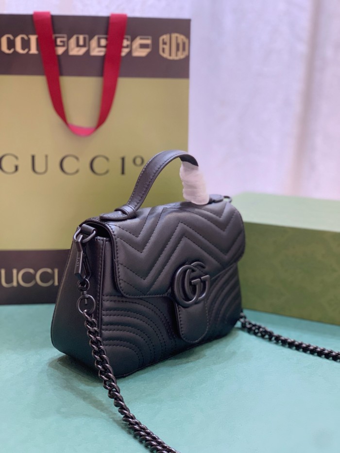Gucci Womens Bags Shoulder Messenger Bag Luxury Brand GG Marmont mini top handle bag in black leather with Original Box 702563 DTDFV 1000