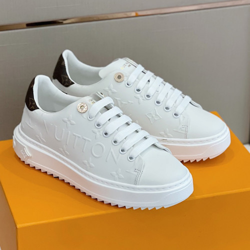 Louis Vuitton Women Shoes Sneakers Lace-Up Luxury Brand Fashion TIME OUT SNEAKER White Debossed calf leather and recycled Monogram nylon with Original Box 1AAP6H