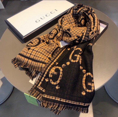Gucci Scarves Men Womens Fashion Scarf Luxury Brand GG wool scarf in black and beige with Original Box 660025 4G386 1079