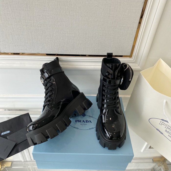 Prada Women Shoes Boots Luxury Brand Outdoor Monolith leather and nylon fabric boots 1T255M_3LJS_F0F24_F_B055