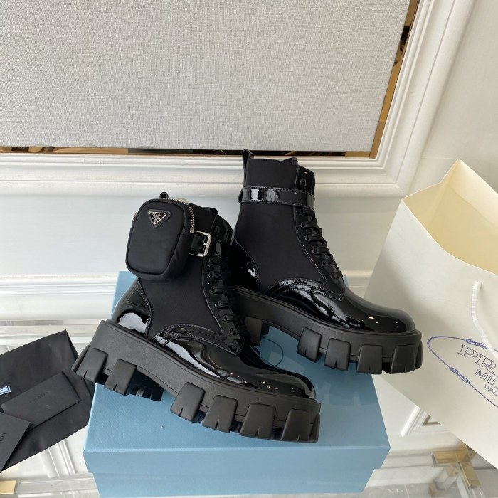 Prada Women Shoes Boots Luxury Brand Outdoor Monolith leather and nylon fabric boots 1T255M_3LJS_F0F24_F_B055