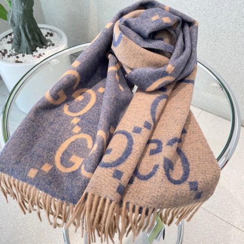 Gucci Scarves Men Womens Fashion Scarf Luxury Brand GG cashmere jacquard scarf in blue and beige with Original Box 674275 4GABX 4279