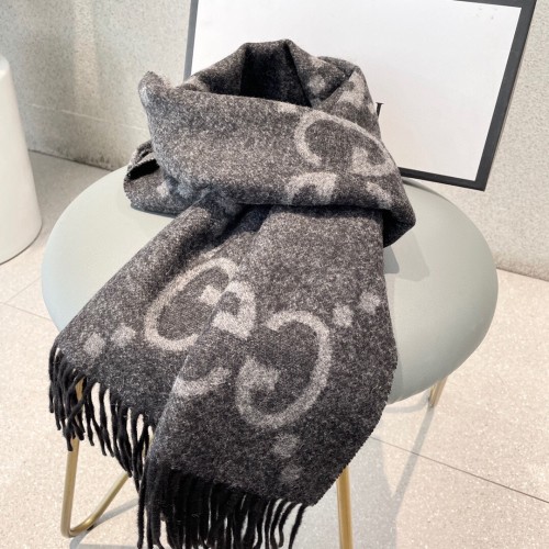 Gucci Scarves Men Womens Fashion Scarf Luxury Brand GG cashmere jacquard scarf in grey and black with Original Box 674275 4GABX 1360