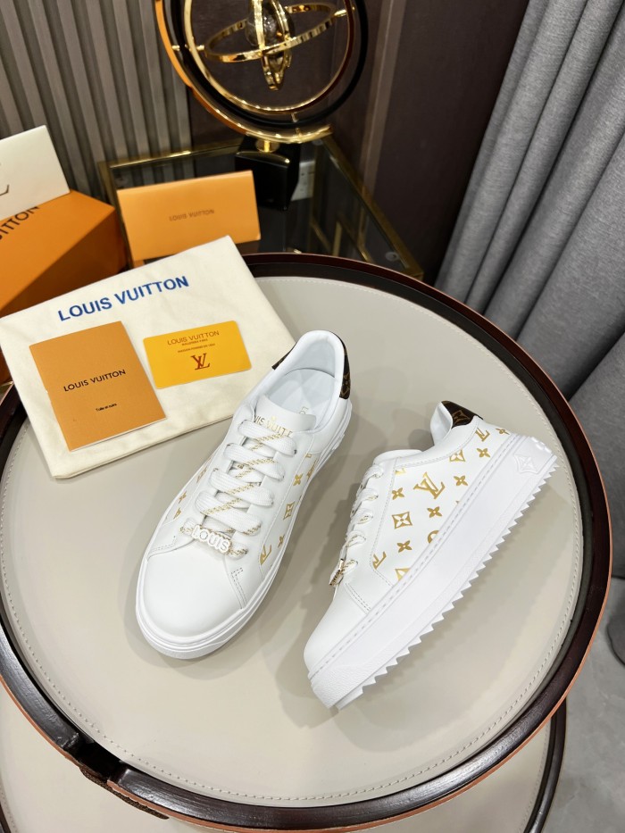 Louis Vuitton Women Shoes Sneakers Lace-Up Luxury Brand Fashion TIME OUT SNEAKER Monogram-debossed calf leather with Original Box 1A9HAR