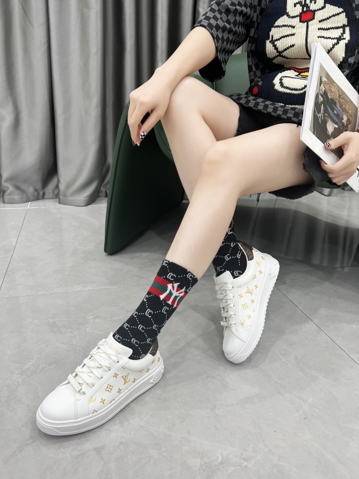 Louis Vuitton Women Shoes Sneakers Lace-Up Luxury Brand Fashion TIME OUT SNEAKER Monogram-debossed calf leather with Original Box 1A9HAR