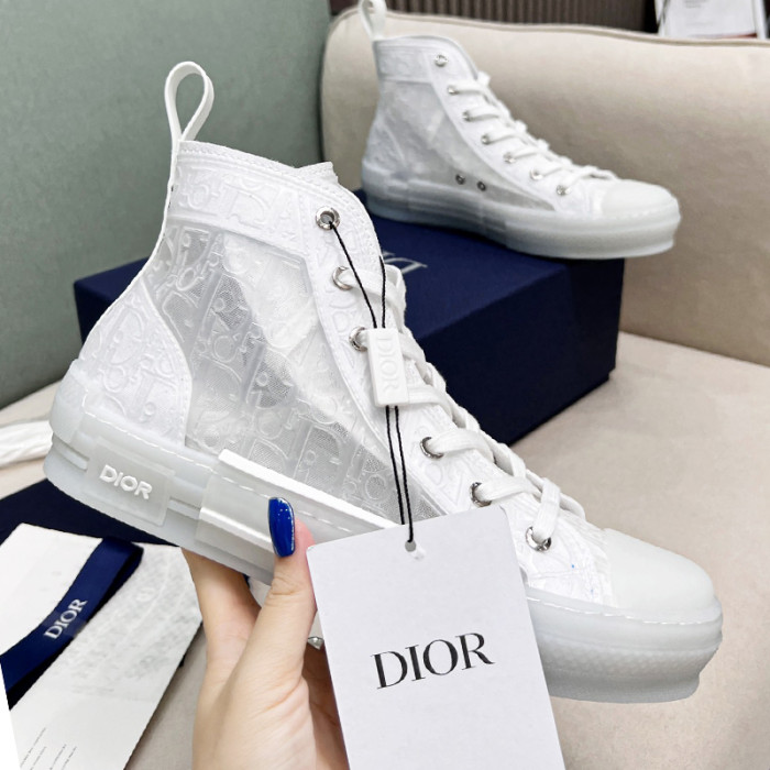 Dior Mens Shoes Sneakers Casual Luxury Brand B23 HIGH-TOP SNEAKER Transparent Canvas with White Raised Dior Oblique Motif with Original Box 3SH129ZOO_H060