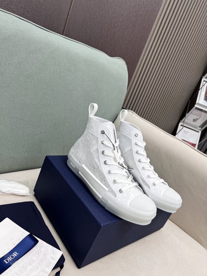 Dior Mens Shoes Sneakers Casual Luxury Brand B23 HIGH-TOP SNEAKER Transparent Canvas with White Raised Dior Oblique Motif with Original Box 3SH129ZOO_H060