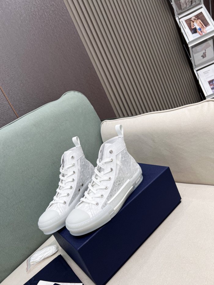 Dior Mens Shoes Sneakers Casual Luxury Brand B23 HIGH-TOP SNEAKER Transparent Canvas with White Raised Dior Oblique Motif with Original Box 3SH129ZOO_H060