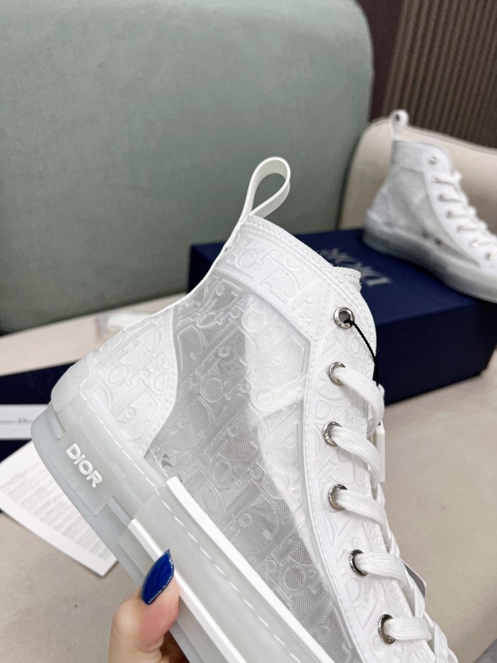 Dior Mens Shoes Sneakers Casual Luxury Brand B23 HIGH-TOP SNEAKER Transparent Canvas with White Raised Dior Oblique Motif with Original Box 3SH129ZOO_H060