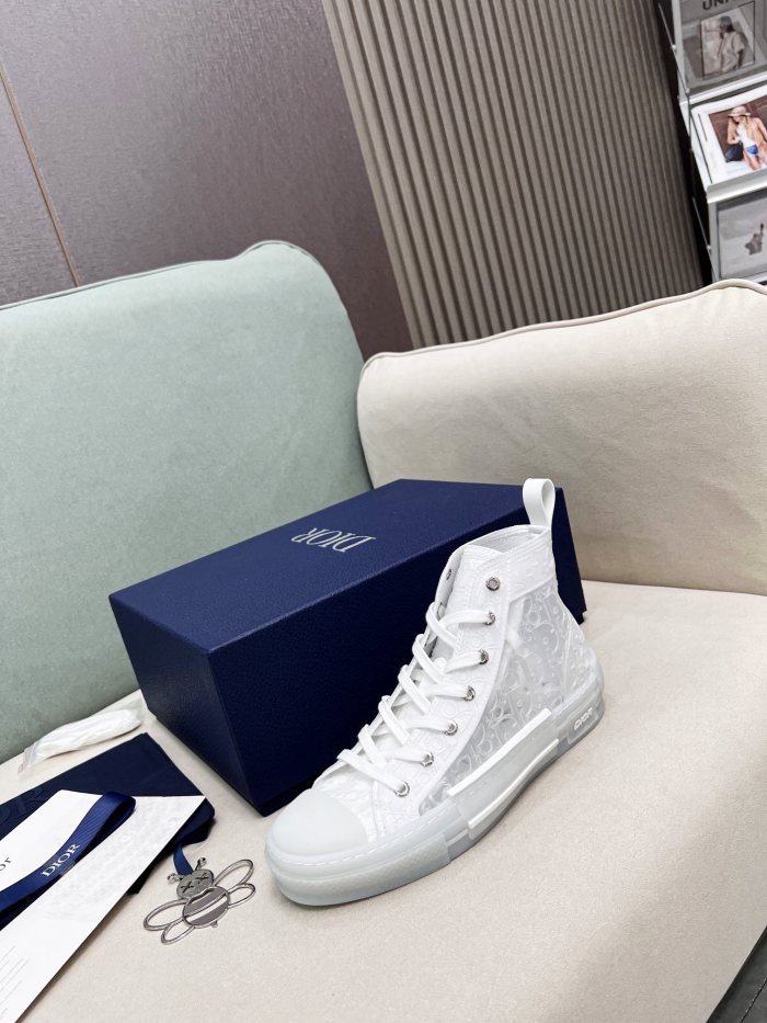 Dior Mens Shoes Sneakers Casual Luxury Brand B23 HIGH-TOP SNEAKER Transparent Canvas with White Raised Dior Oblique Motif with Original Box 3SH129ZOO_H060