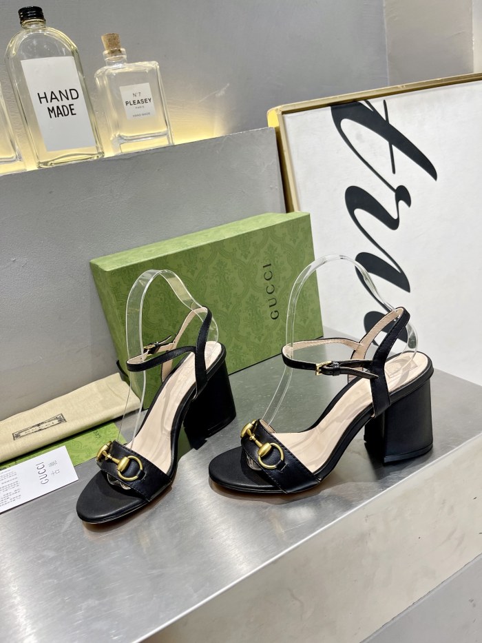 Gucci Womens Shoes Slippers Sandals Summer Design Luxury Brand Black Leather Mid-Heel Sandal with Original Box 453379 A3N00 1000