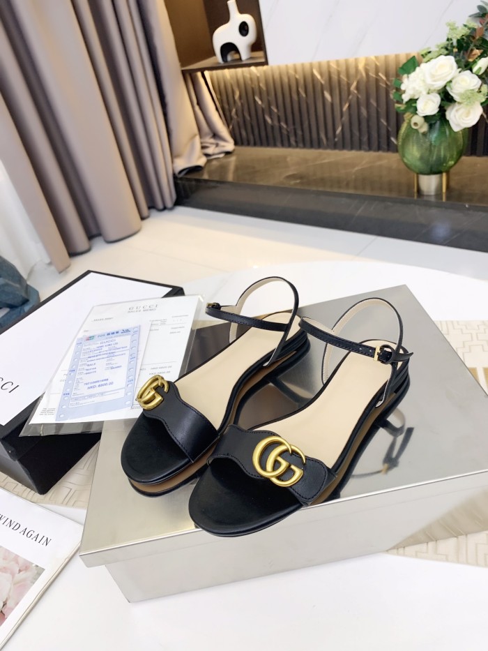 Gucci Womens Shoes Slippers Sandals Summer Design Luxury Brand Black Leather Sandal with Original Box 453379 A3N00 1000