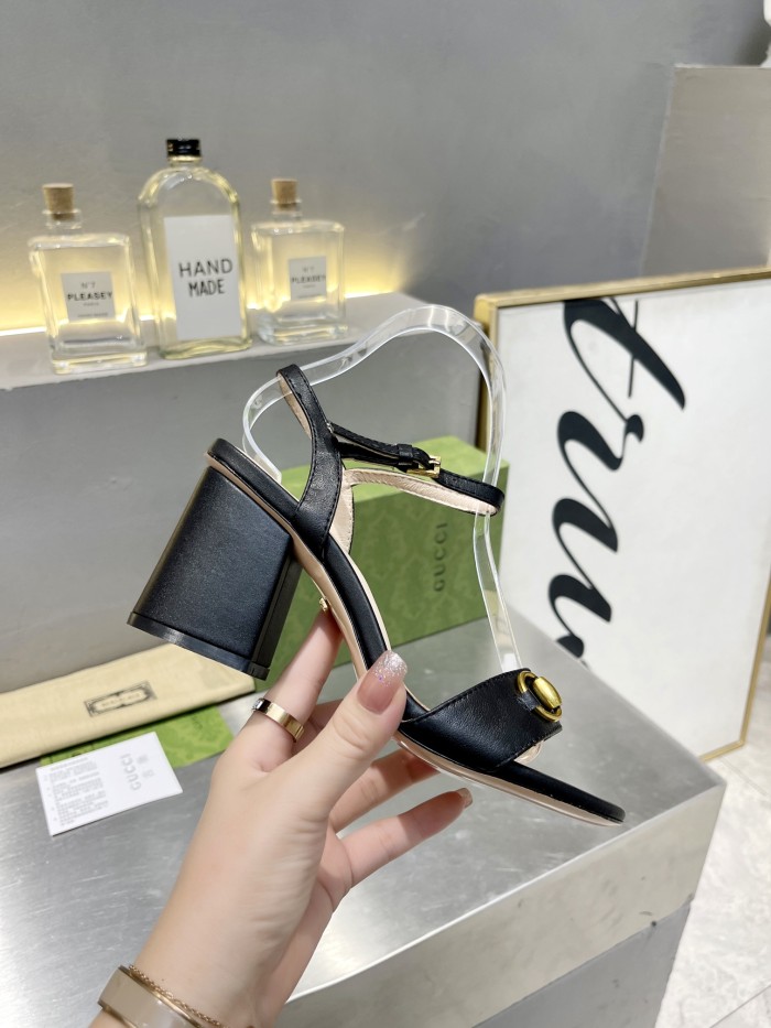 Gucci Womens Shoes Slippers Sandals Summer Design Luxury Brand Black Leather Mid-Heel Sandal with Original Box 453379 A3N00 1000