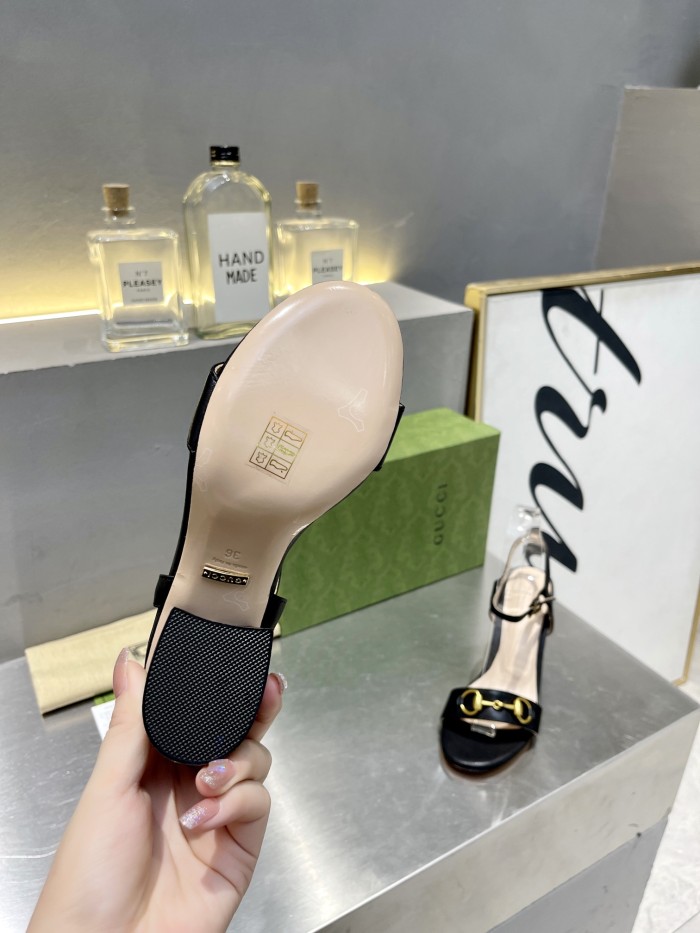 Gucci Womens Shoes Slippers Sandals Summer Design Luxury Brand Black Leather Mid-Heel Sandal with Original Box 453379 A3N00 1000