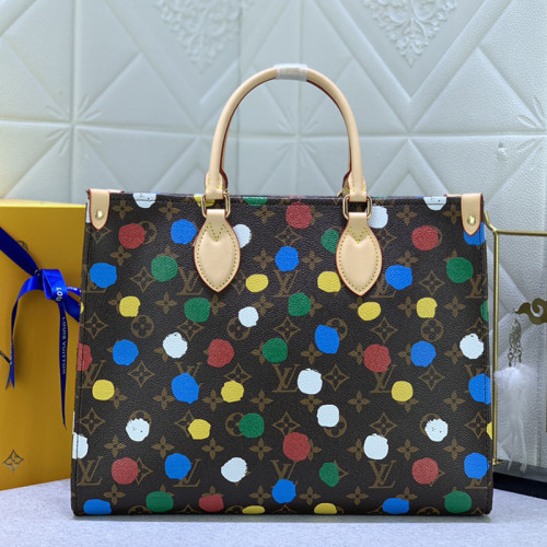 Louis Vuitton Womens Bags Handbags Luxury Brand Louis Vuitton LV X YK ONTHEGO MM​ Monogram coated canvas with 3D Painted Dots print M46379