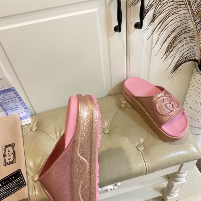 Gucci Womens Shoes Platform Slide Slippers Sandal Summer Design Luxury Brand Women's GG platform slide sandal with Original Box