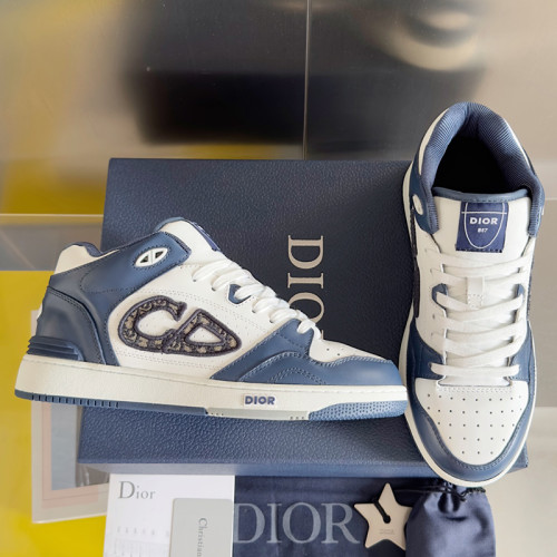 Dior Mens Shoes Sneakers Luxury Brand Christian Dior B57 MID-TOP SNEAKER Navy Blue and White Smooth Calfskin with Beige and Black Dior Oblique Jacquard Whatsapp【+1-3239614486】