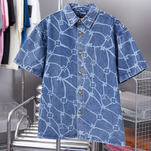 Louis Vuitton Mens Shirts Luxury Brand Mens Shirt Monogram Printed Short-Sleeved Denim Shirt Top Quality Whatsapp 【+1-3239614486】
