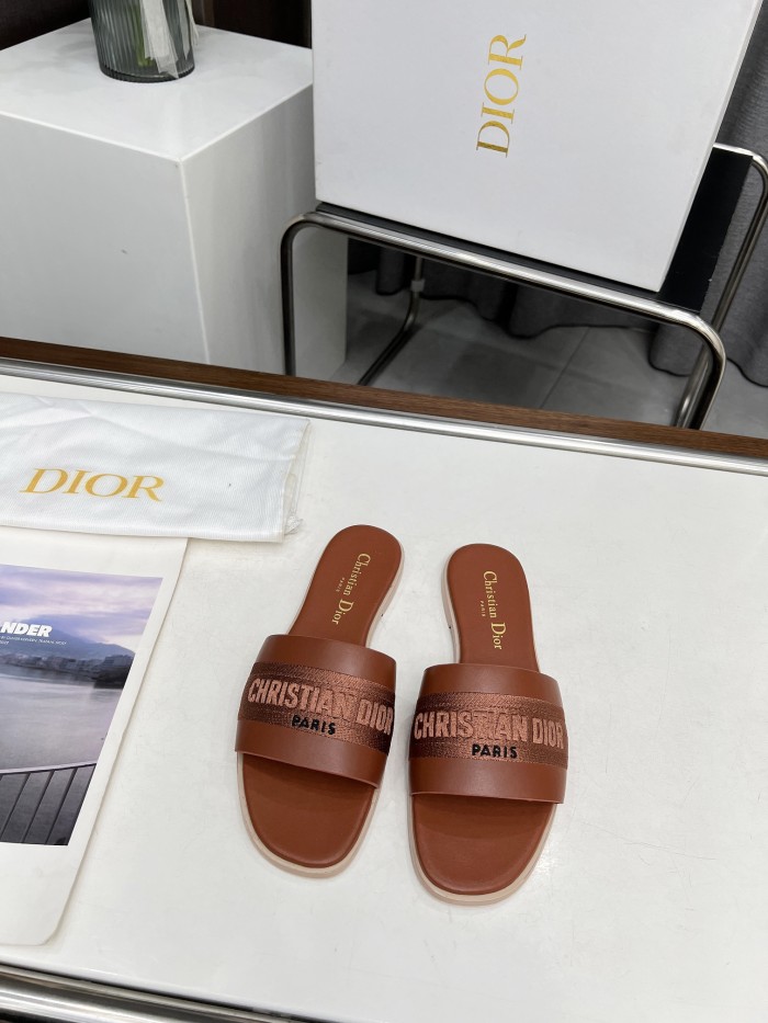 Dior Women Shoes Slippers Slide Sandals Luxury Brand Dior Or D-Lane Slide Laminiertes Microcannage Kalbsleder with Original Box