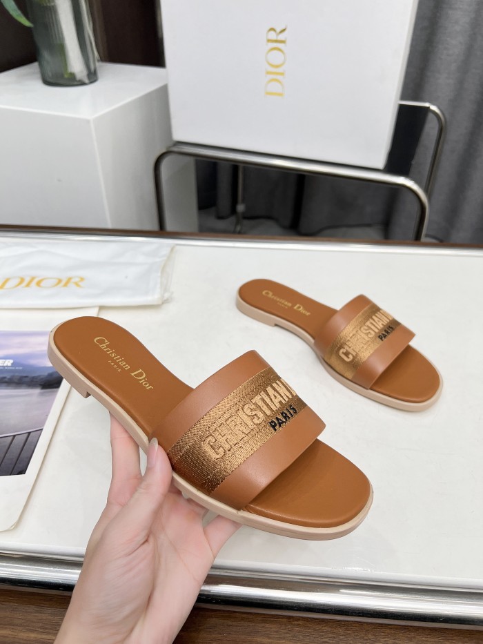 Dior Women Shoes Slippers Slide Sandals Luxury Brand Dior Or D-Lane Slide Laminiertes Microcannage Kalbsleder with Original Box