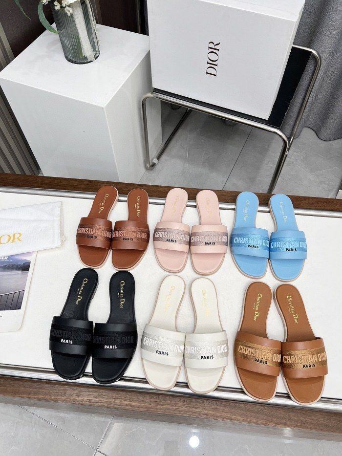 Dior Women Shoes Slippers Slide Sandals Luxury Brand Dior Or D-Lane Slide Laminiertes Microcannage Kalbsleder with Original Box