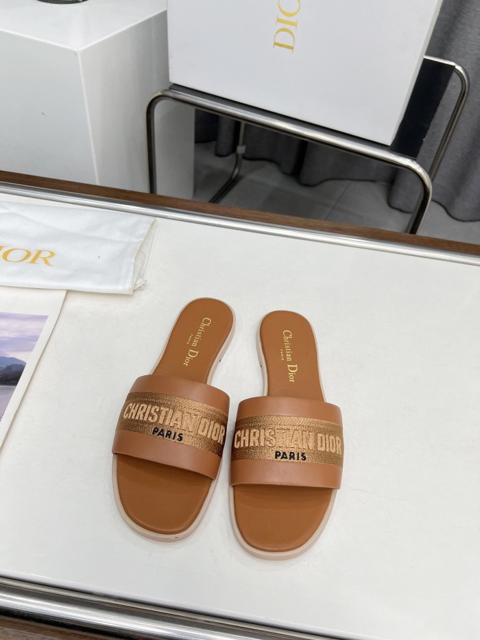 Dior Women Shoes Slippers Slide Sandals Luxury Brand Dior Or D-Lane Slide Laminiertes Microcannage Kalbsleder with Original Box