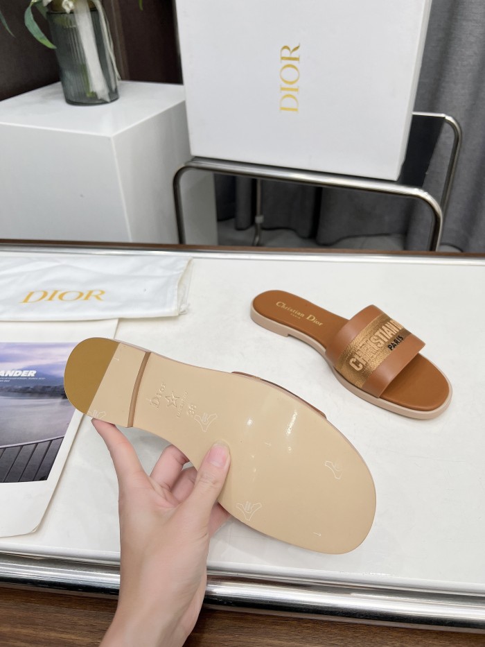 Dior Women Shoes Slippers Slide Sandals Luxury Brand Dior Or D-Lane Slide Laminiertes Microcannage Kalbsleder with Original Box