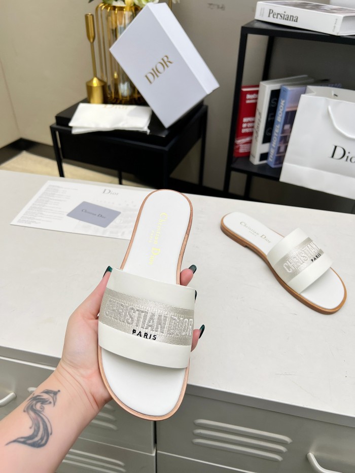 Dior Women Shoes Slippers Slide Sandals Luxury Brand Dior Or D-Lane Slide Laminiertes Microcannage Kalbsleder with Original Box
