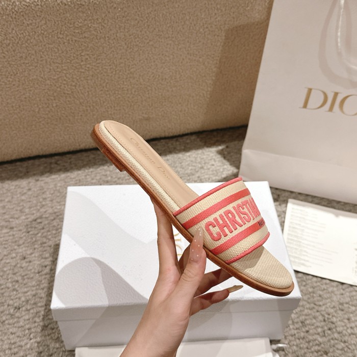 Dior Women Shoes DWAY HEELED SLIDE Embroidered Cotton Luxury Brand Womens Sandals Slippers with Original Box KCQ244ERC_S56B