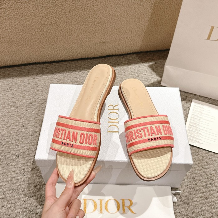 Dior Women Shoes DWAY HEELED SLIDE Embroidered Cotton Luxury Brand Womens Sandals Slippers with Original Box KCQ244ERC_S56B