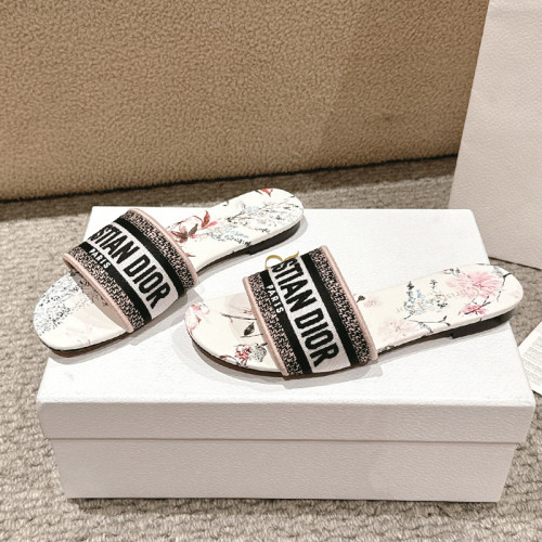 Dior Women Shoes DWAY HEELED SLIDE Embroidered Cotton Luxury Brand Womens Sandals Slippers with Original Box KCQ244ERC_S56B