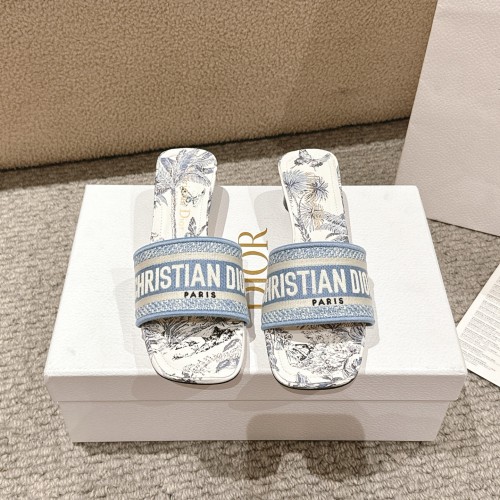 Dior Women Shoes Sandals Slippers 3.5cm Heel DWAY HEELED SLIDE Embroidered Cotton Luxury Brand Womens Sandals Slippers with Original Box KCQ244ERC_S56B whatsapp 【+1-3239614486】