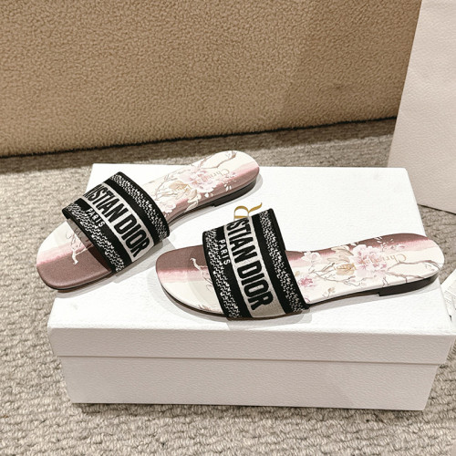 Dior Women Shoes DWAY HEELED SLIDE Embroidered Cotton Luxury Brand Womens Sandals Slippers with Original Box KCQ244ERC_S56B