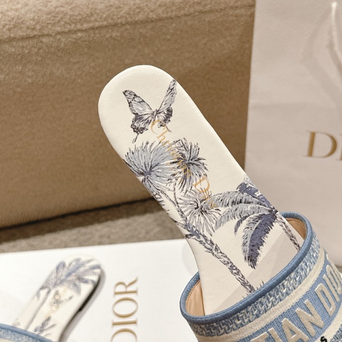 Dior Women Shoes DWAY HEELED SLIDE Embroidered Cotton Luxury Brand Womens Sandals Slippers with Original Box KCQ244ERC_S56B
