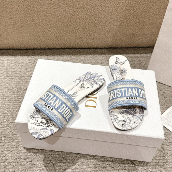 Dior Women Shoes DWAY HEELED SLIDE Embroidered Cotton Luxury Brand Womens Sandals Slippers with Original Box KCQ244ERC_S56B