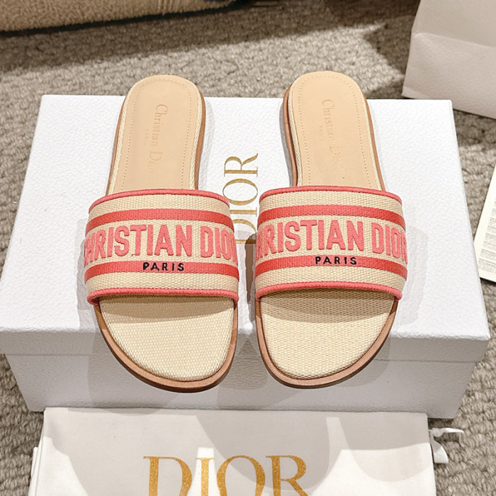 Dior Women Shoes DWAY HEELED SLIDE Embroidered Cotton Luxury Brand Womens Sandals Slippers with Original Box KCQ244ERC_S56B