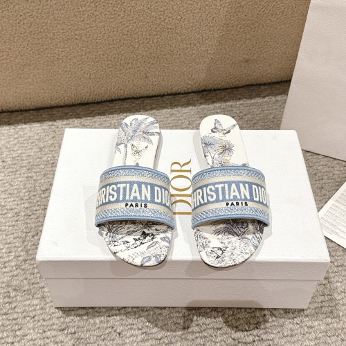 Dior Women Shoes DWAY HEELED SLIDE Embroidered Cotton Luxury Brand Womens Sandals Slippers with Original Box KCQ244ERC_S56B