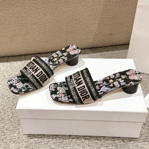 Dior Women Shoes Sandals Slippers 3.5cm Heel DWAY HEELED SLIDE Embroidered Cotton Luxury Brand Womens Sandals Slippers with Original Box KCQ244ERC_S56B whatsapp 【+1-3239614486】