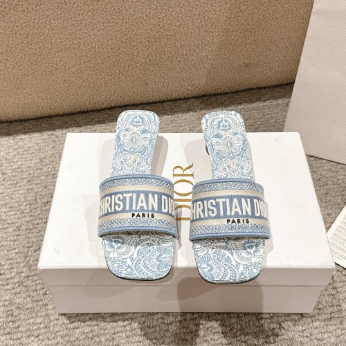 Dior Women Shoes Sandals Slippers 3.5cm Heel DWAY HEELED SLIDE Embroidered Cotton Luxury Brand Womens Sandals Slippers with Original Box KCQ244ERC_S56B whatsapp 【+1-3239614486】