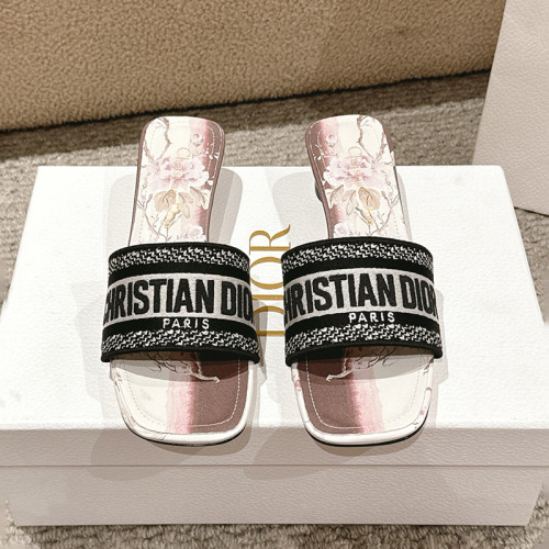 Dior Women Shoes Sandals Slippers 3.5cm Heel DWAY HEELED SLIDE Embroidered Cotton Luxury Brand Womens Sandals Slippers with Original Box KCQ244ERC_S56B whatsapp 【+1-3239614486】