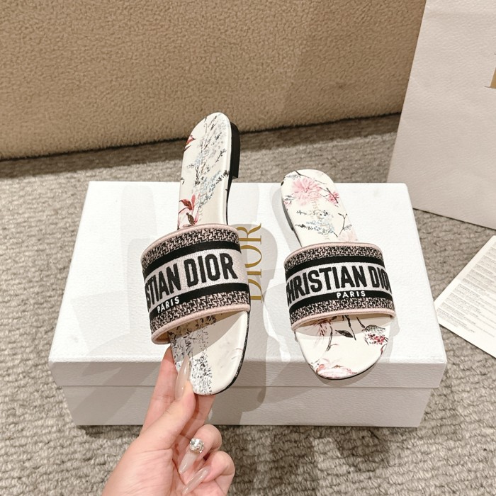 Dior Women Shoes DWAY HEELED SLIDE Embroidered Cotton Luxury Brand Womens Sandals Slippers with Original Box KCQ244ERC_S56B
