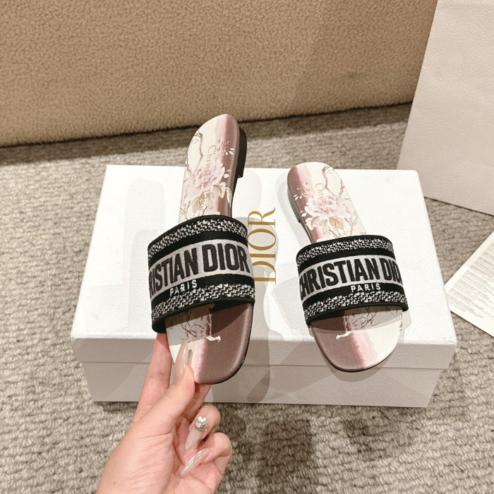 Dior Women Shoes DWAY HEELED SLIDE Embroidered Cotton Luxury Brand Womens Sandals Slippers with Original Box KCQ244ERC_S56B