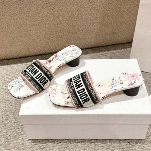 Dior Women Shoes Sandals Slippers 3.5cm Heel DWAY HEELED SLIDE Embroidered Cotton Luxury Brand Womens Sandals Slippers with Original Box KCQ244ERC_S56B whatsapp 【+1-3239614486】