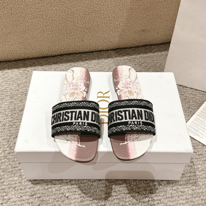 Dior Women Shoes DWAY HEELED SLIDE Embroidered Cotton Luxury Brand Womens Sandals Slippers with Original Box KCQ244ERC_S56B