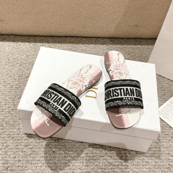 Dior Women Shoes DWAY HEELED SLIDE Embroidered Cotton Luxury Brand Womens Sandals Slippers with Original Box KCQ244ERC_S56B